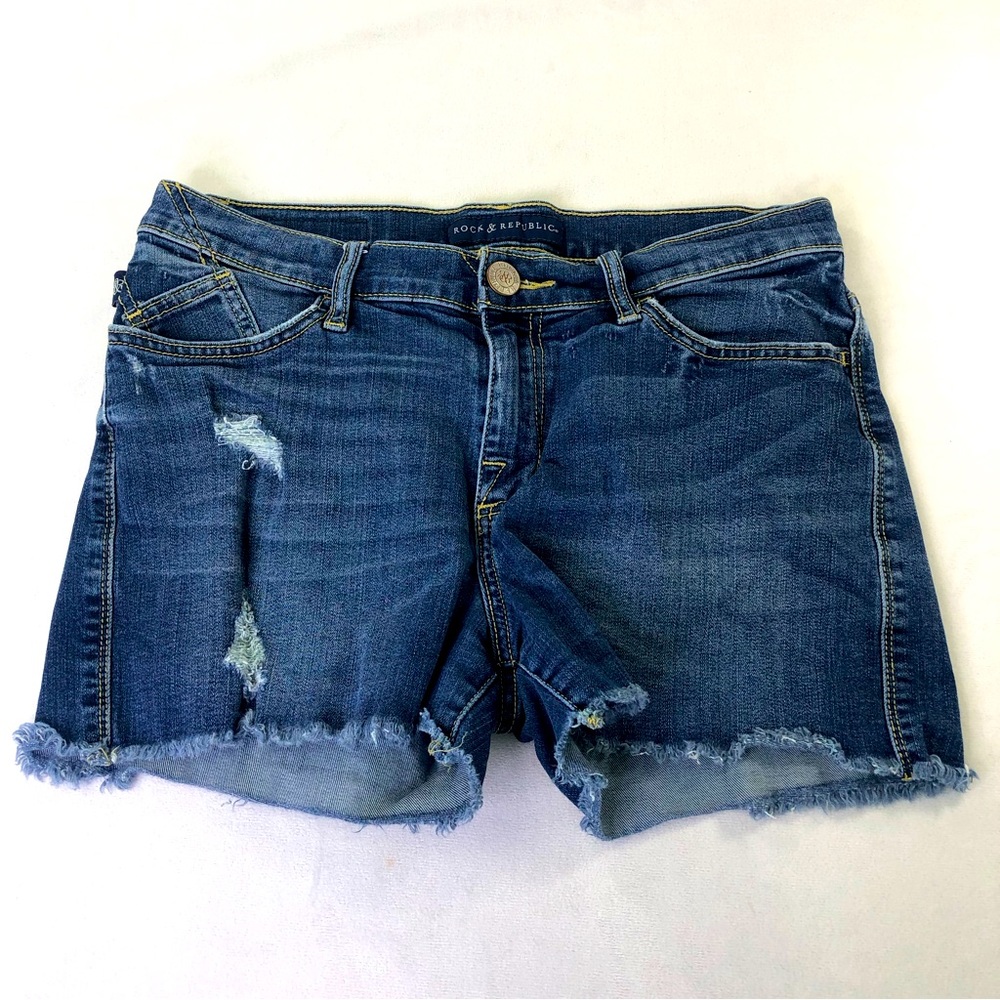Rock & Republic Hula Shorts Distressed Denim Summer Casual Blue Raw Hem Hipster
